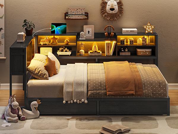 Hasuit Twin Corner Bed Frame with Storage Bookcase, Twin Size Daybed with 2 Underneath Storage Drawers, Kids Bed Unit with Charging Station and LED Light, Modern Teenagers Bedframe