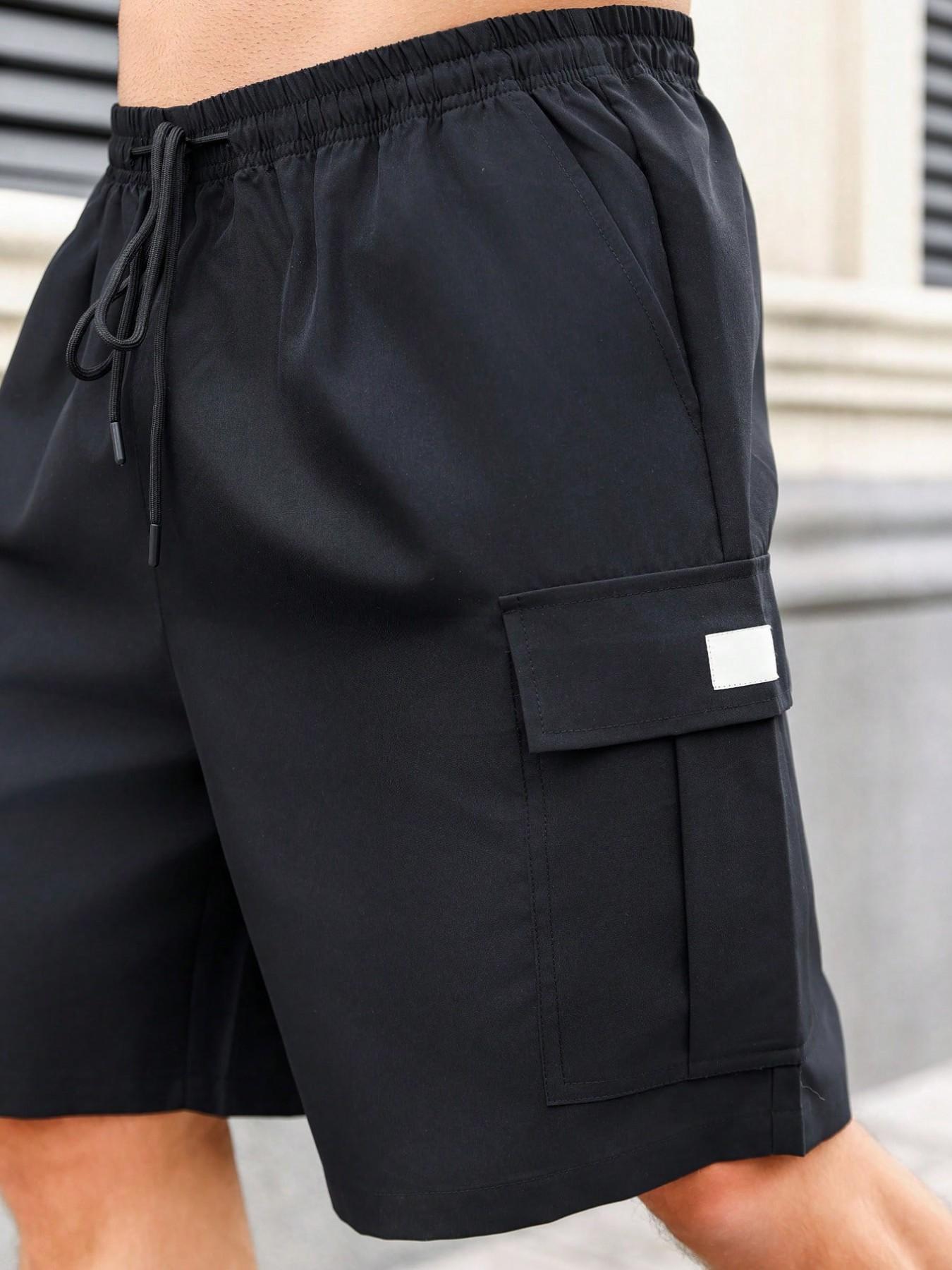 Men's Plus Size Workwear Shorts, Multi-Pocket Drawstring Waist Casual Street Style Fitness Shorts, Loose-Fitting Plain Design