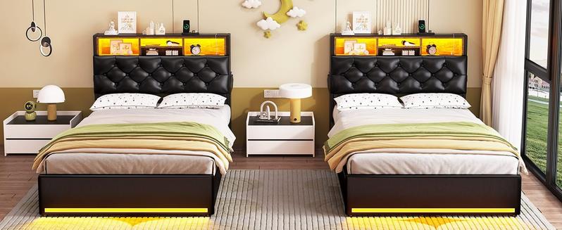 Sikaic Upholstered Platform Bed Frame with LED Lights & Charging Station Hidden Storage Headboard and 4 Drawers PU Black Modern Unique Furniture Sikaic Upholstered Platform Bed Frame with LED Lights & Charging Station Hidden Storage Headboard and 4 Drawers PU Black Modern Unique Furniture