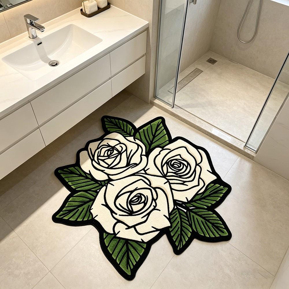 Vintage Cream Rose Shaped Rug, French Luxury Floral Living Room Bedroom Carpet, Soft Comfortable Mat for Coffee Table Sofa Tea Table Dressing Room