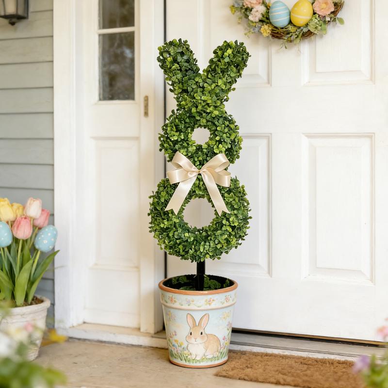 Easter Rabbit-Shaped Artificial Green Topiary Tree, Cute Bunny Cutout Decoration, Perfect for Easter Party Front Door, Courtyard and Garden Decor