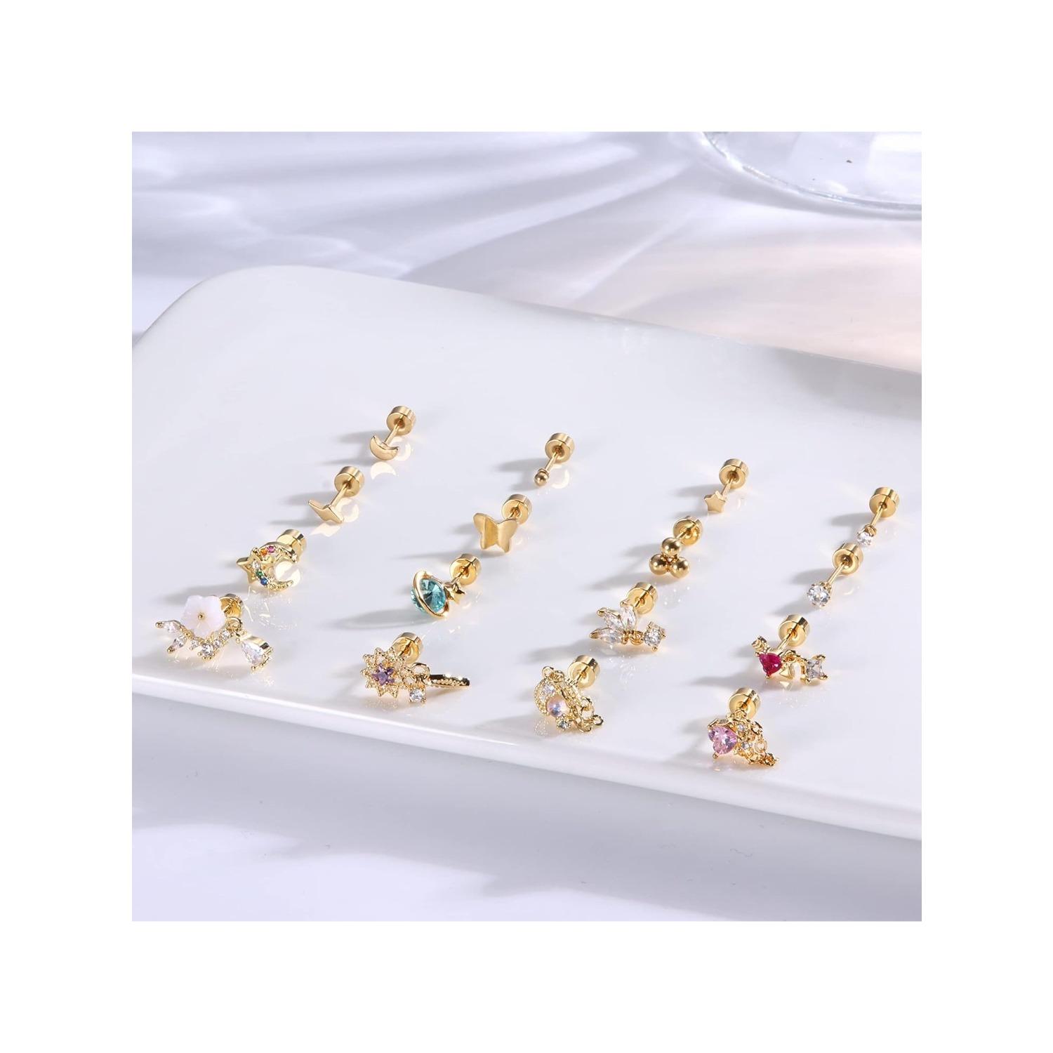 16 PCS Cartilage Flat Back Stud Earrings for Women Trendy Stud Earrings Set for Multiple Piercing Surgical Steel FlatBack Earrings for Women 20G