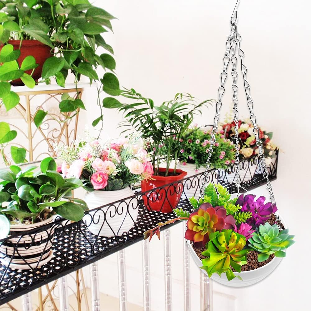 4-Pack 8-in Self-Watering Hanging Planter Pots, Round Hanging Baskets with Metal Chain & Water Tray, Space Saving Wall Plant Holders for Indoor Outdoor Garden Decor, White, Space Saving Planter, Porch Planters