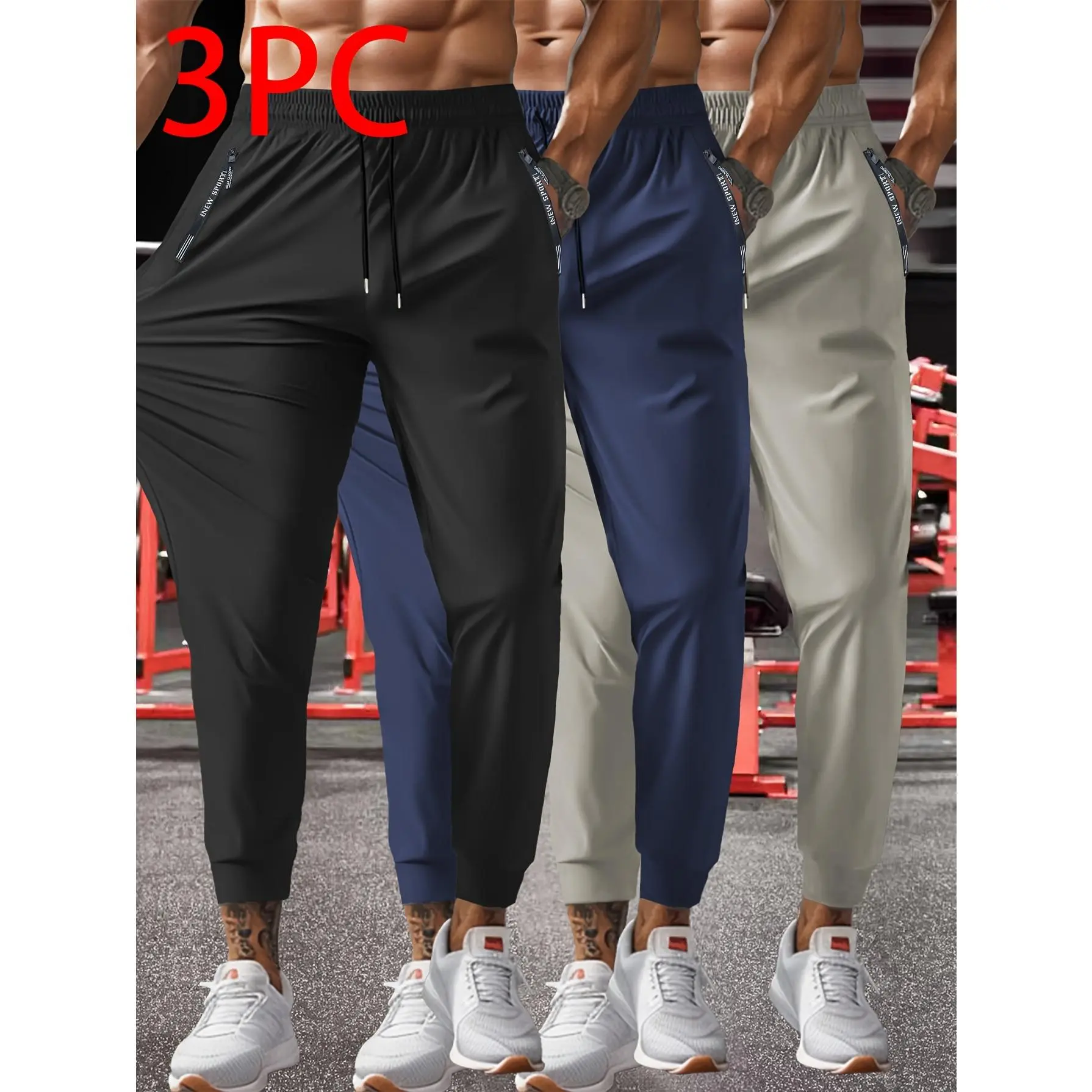 3-Pack  Plus Size Athletic Jogger Pants, Full-Length Solid Tone Garments with Breathable Quick-Dry 82.1% Polyester & 17.9% Spandex Fabric, Drawstring Waist Design for Sports and Daily Casual Occasions