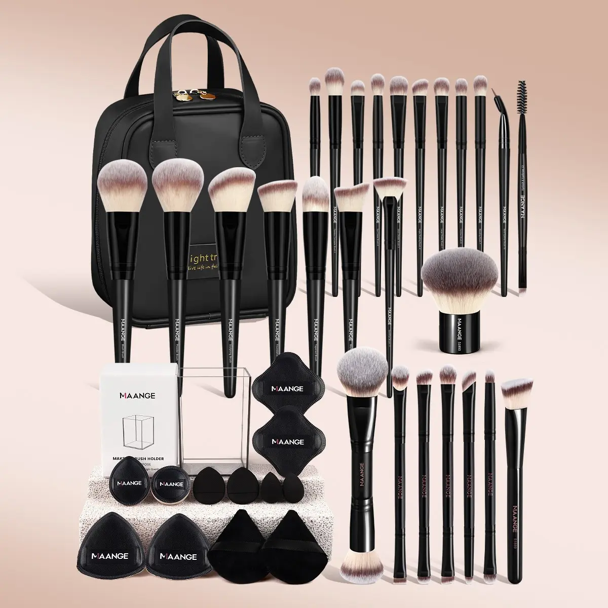 Maange Professional Makeup Brush Set, Cosmetic Brushes Set, 26 Brushes + 12 Puff Accessories, Aluminum Frame, Includes Storage Tube and Handbag, Makeup Tools
