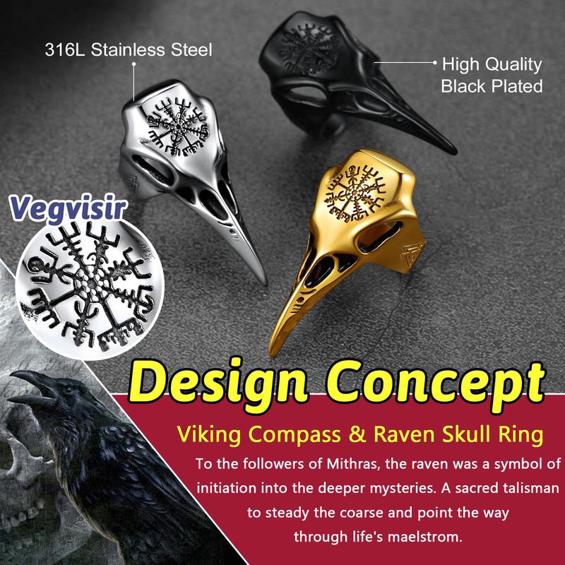 U7 Men's Raven Celtic Knot Rings Mens Raven Compass Rings Norse Viking Jewerly Stainless Steel