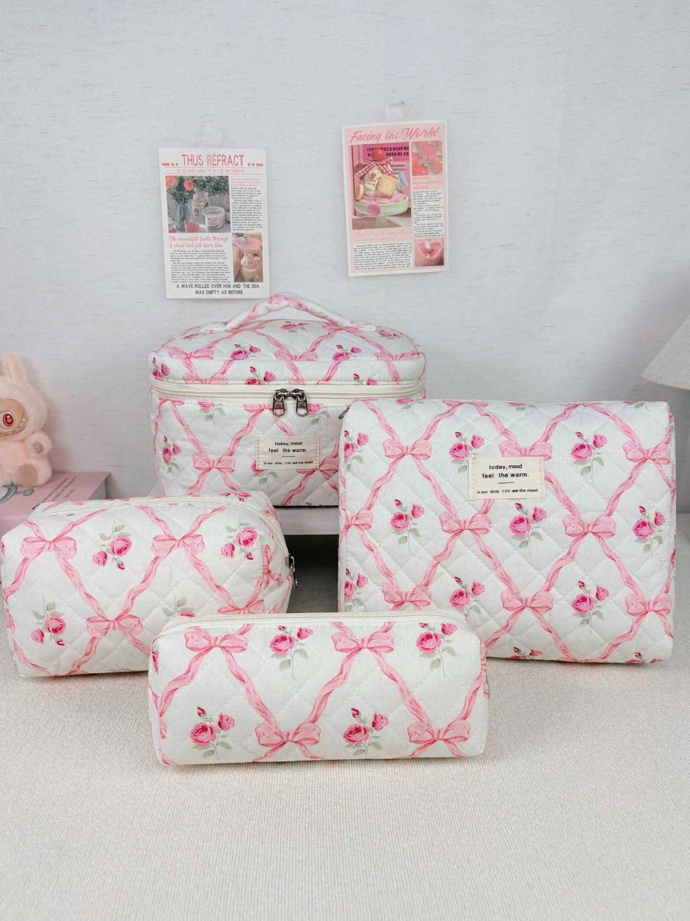 Pink rose bow quilted cosmetic bag set, multi-size cosmetic bag, suitable for daily and travel storage