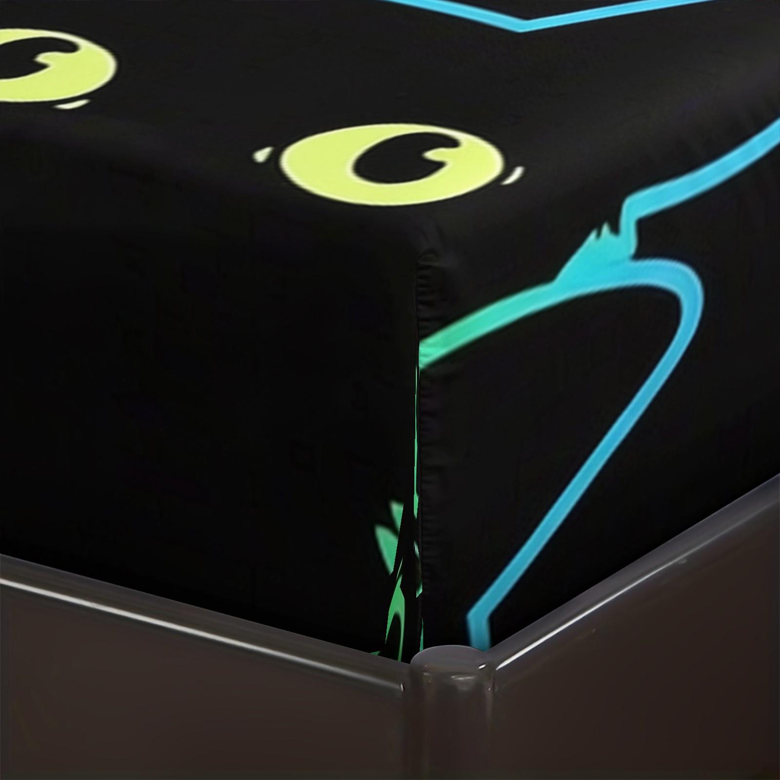 Neon Cat Fitted Sheet Set, 3 Pieces (1 Fitted Sheet + 2 Pillowcases), Deep Pocket, Cute Colorful Cat Print, Black Bedding for Girls Teens, Soft Skin-Friendly, Aesthetic Room Decor, All Seasons