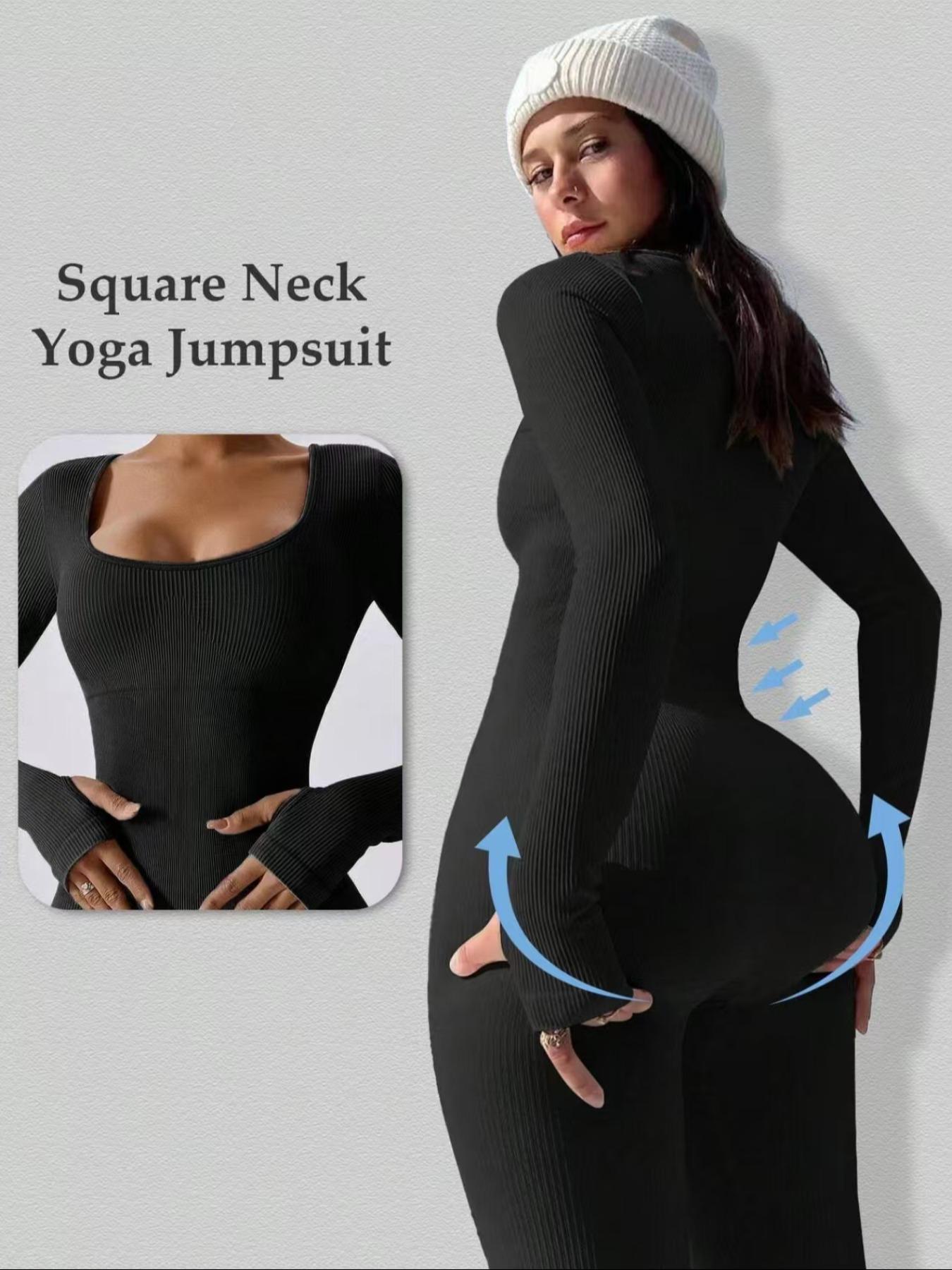 Women's Long Sleeve Sporty Comfy Jumpsuit, Waist Cinching Square Neck, Above Ankle Pants, Essential Fitness Gear, Comfortable Fashion Workout Clothes