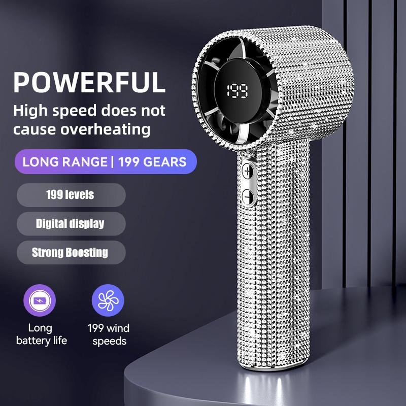 Portable Handheld Turbo Fan, Fashion Full Diamond Design, 1800mah USB Rechargeable, Personal Battery Operated, Mini Pocket Fan for Travel Outdoor