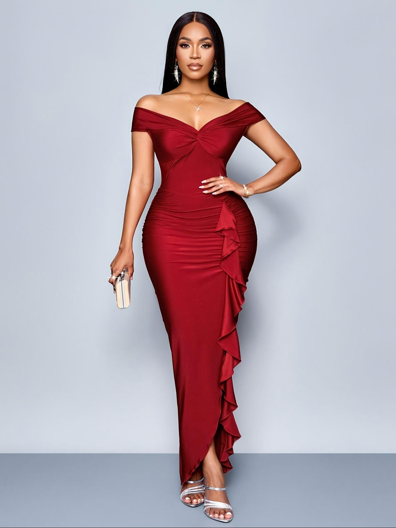 Women's Elegant Off-Shoulder Bodycon Dress, Ruched Details, High Slit, Asymmetrical Hem, Suitable for All Seasons