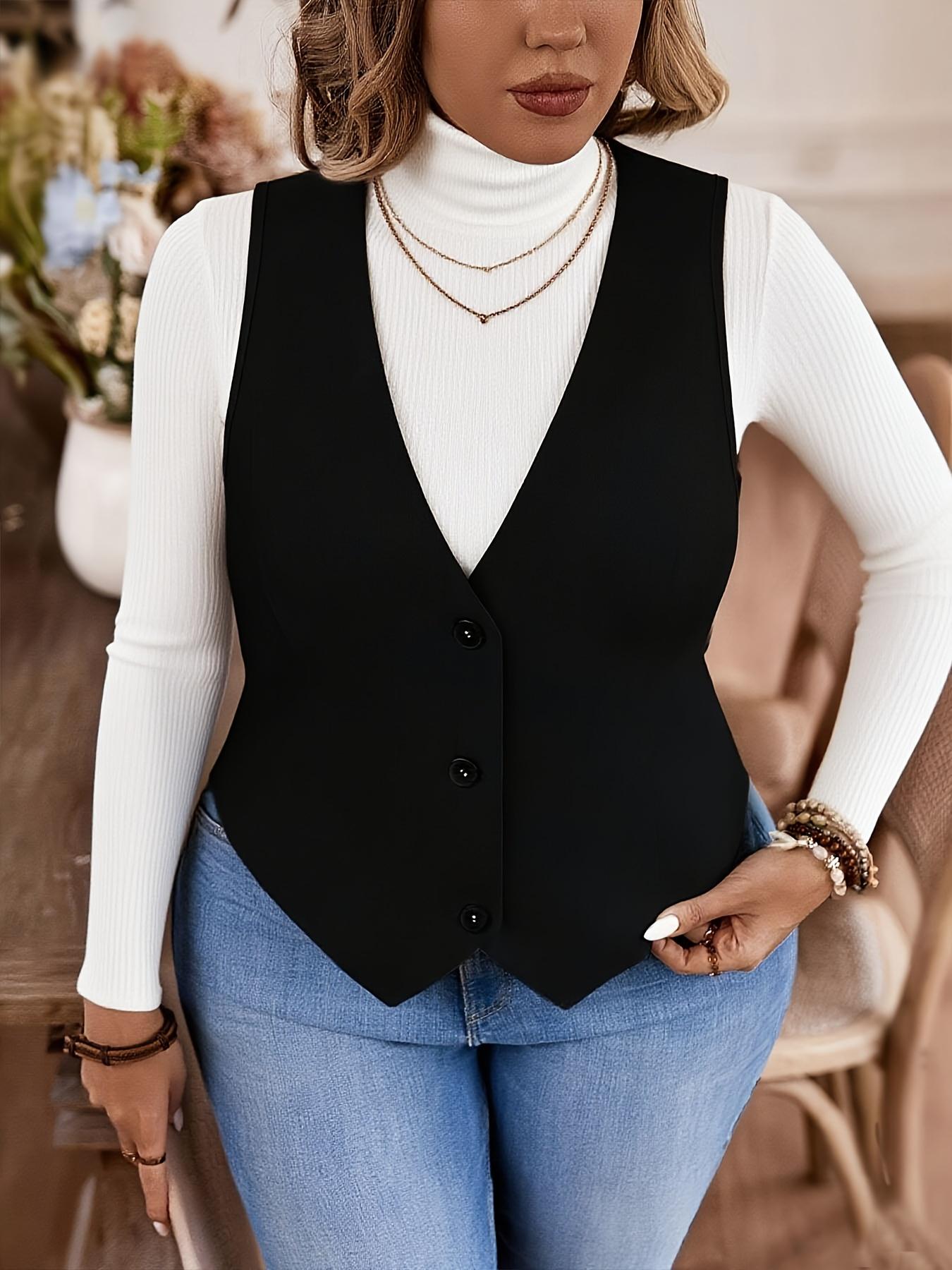 Plus Size Women's Layered Wear Slim Fit Knitted Short Vest Jacket Womenswear, Casual Basic Fashion Fitted Outerwear for Spring & Fall Seasons