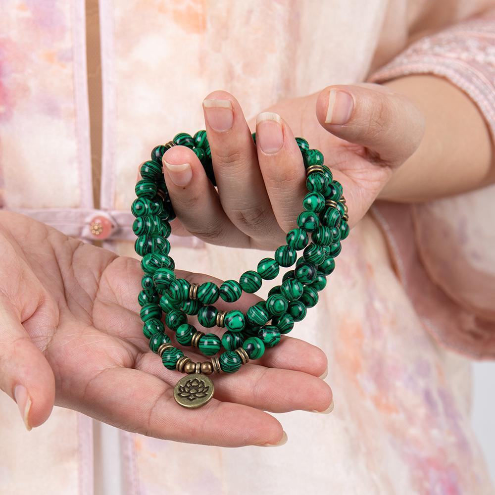 Genuine Stone 8mm Green Malachite 108 Mala Beads Money Attraction Bracelet - Unisex Long Beads Wrap Bracelet with Lotus Buddha Charm - Daily Wear Yoga Meditation Jewelry Ideal Gift
