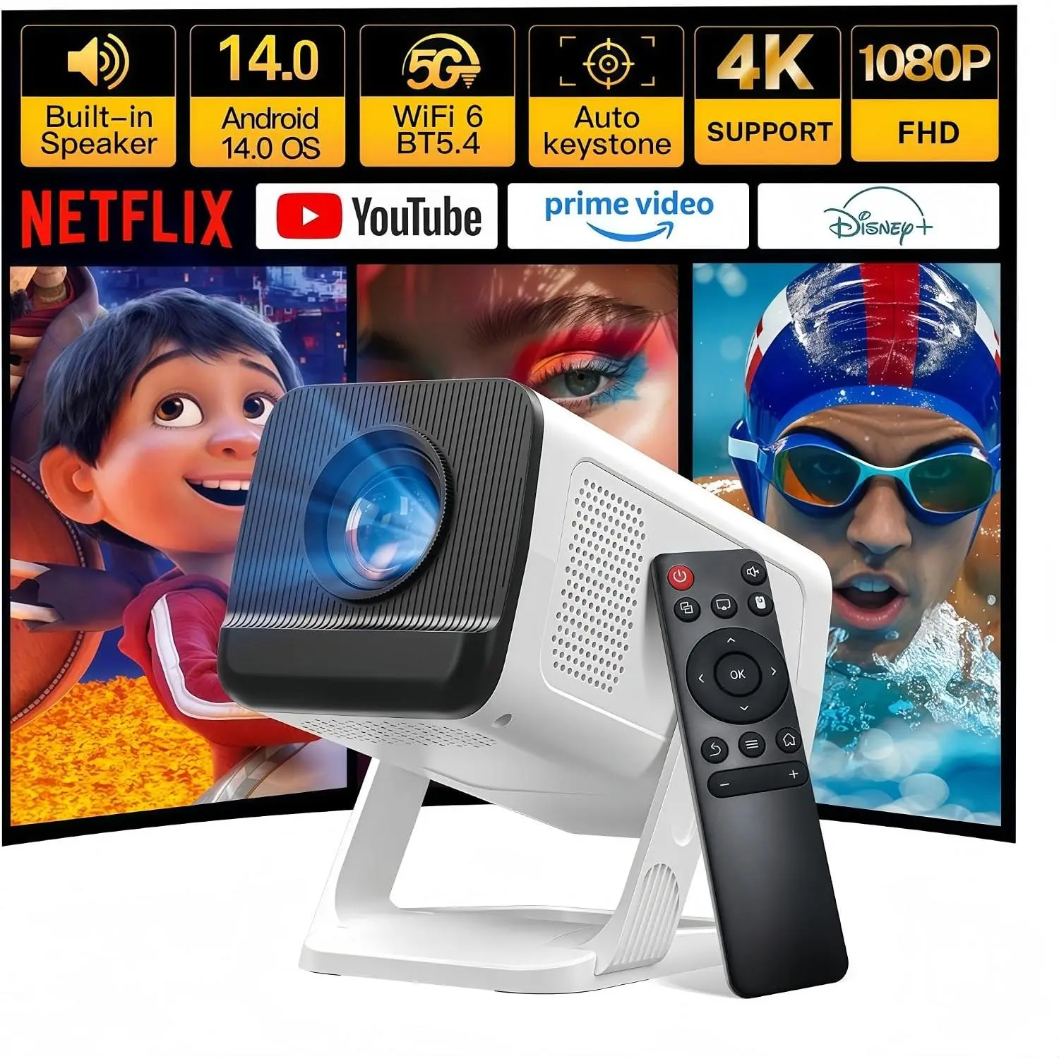 -in Apps 1080P 4K Mini Projector with Android 14, Phone Remote| Projector with WiFi 6 and Bluetooth 5.4 for Bedroom Auto Compatible with/iOS/HDMI/TV Stick X1