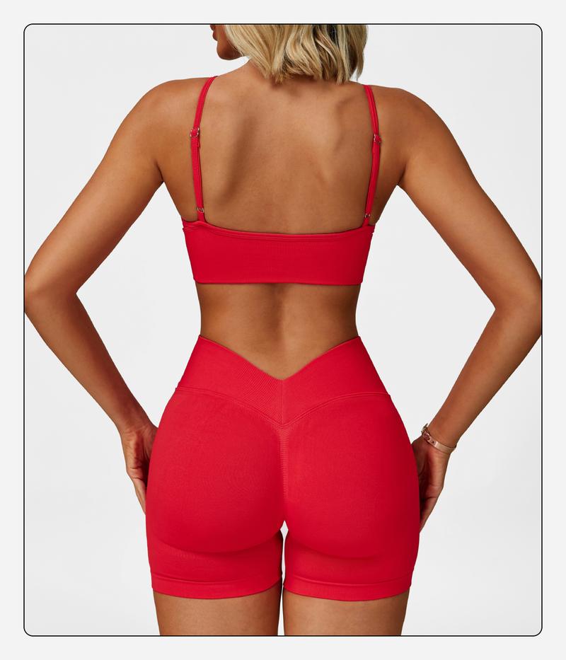 Women's 2 Piece Seamless Yoga Workout Set High Waisted Shorts Sports Bra for Exercise Athletic Breathable Lightweight Compression Activewear Pilates Gym Outfit with Hollow Square Back and Curved Rear Hip