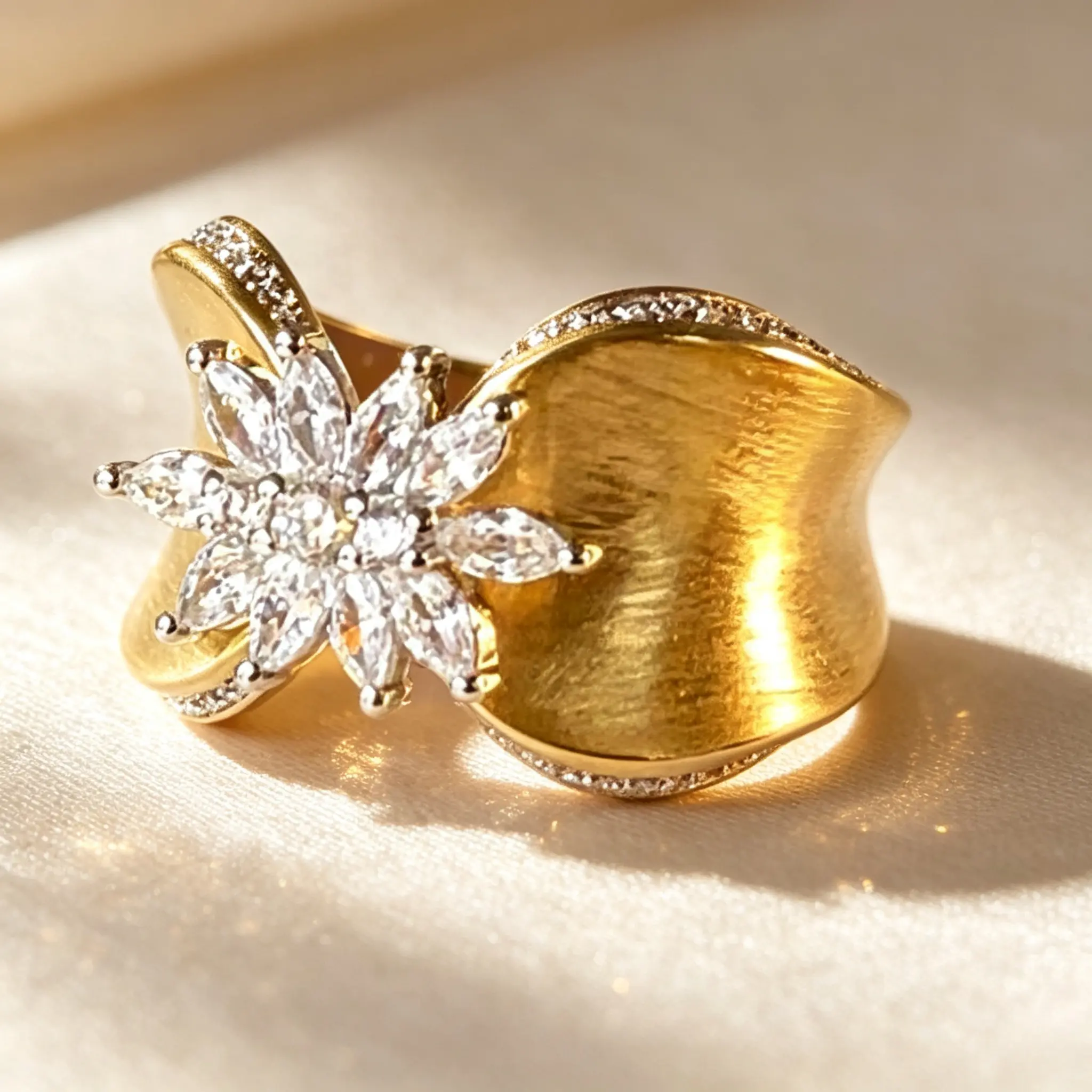 Floral Statement Cuff Ring, Sparkling Flower Accent Wide Open Band Ring, Vintage Textured Fashion Finger Ring for Women Party Daily Wear