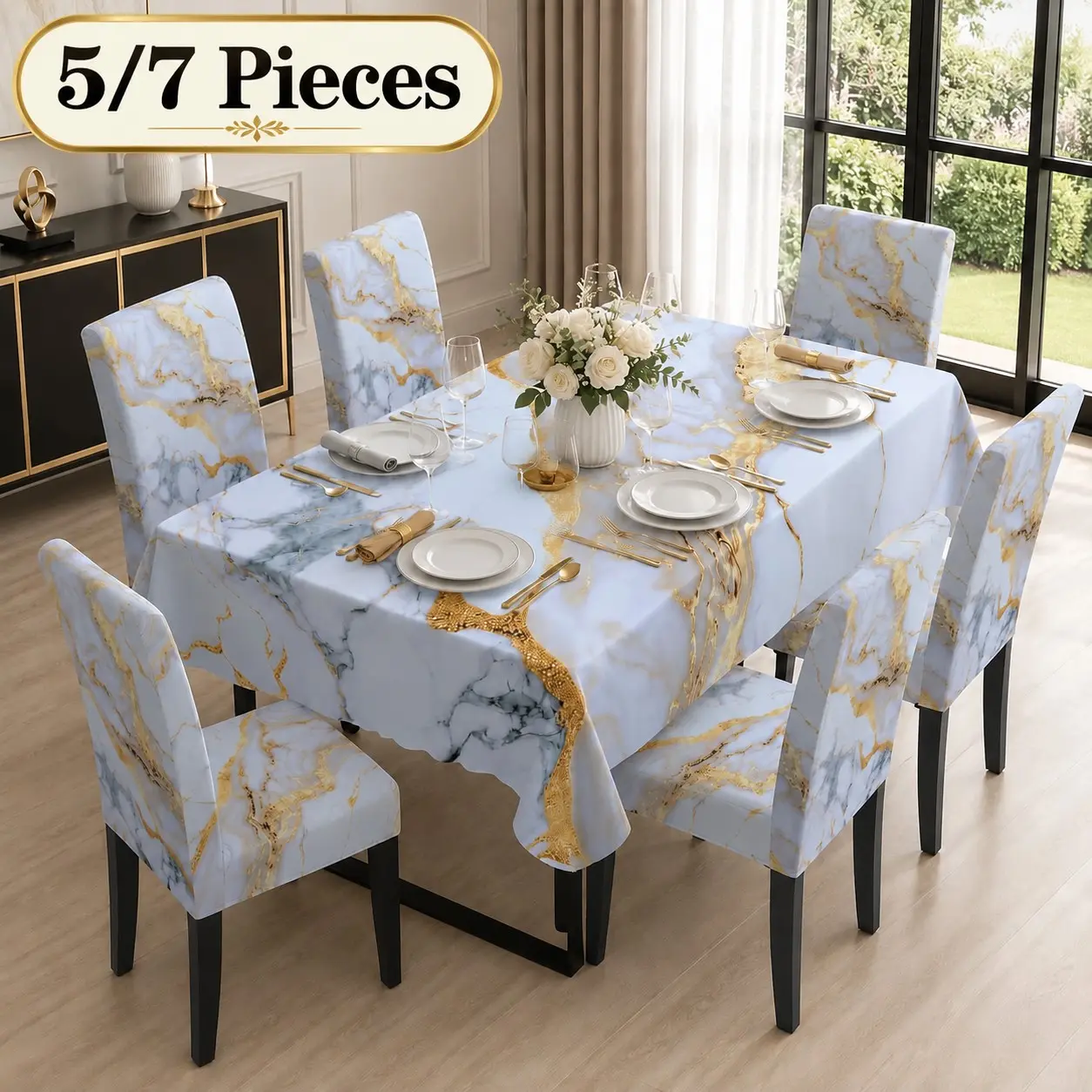 7/5 Pcs 2D Flat White Gold Marble Texture Tablecloth & Chair Cover Set, Stretch Washable Removable Dining Chair Slipcover, Modern Luxury Elegant Home Dining Wedding Banquet Chair Protector Decor