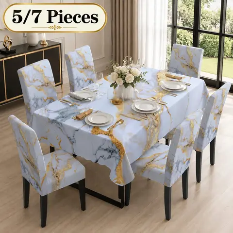 7/5 Pcs 2D Flat White Gold Marble Texture Tablecloth & Chair Cover Set, Chair Covers For Dining Chairs, Stretch Washable Removable Dining Chair Slipcover, Modern Luxury Elegant Home Dining Wedding Banquet Chair Protector Decor