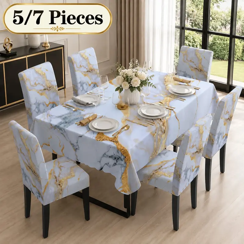 7/5 Pcs 2D Flat White Gold Marble Texture Tablecloth & Chair Cover Set, Chair Covers For Dining Chairs, Stretch Washable Removable Dining Chair Slipcover, Modern Luxury Elegant Home Dining Wedding Banquet Chair Protector Decor