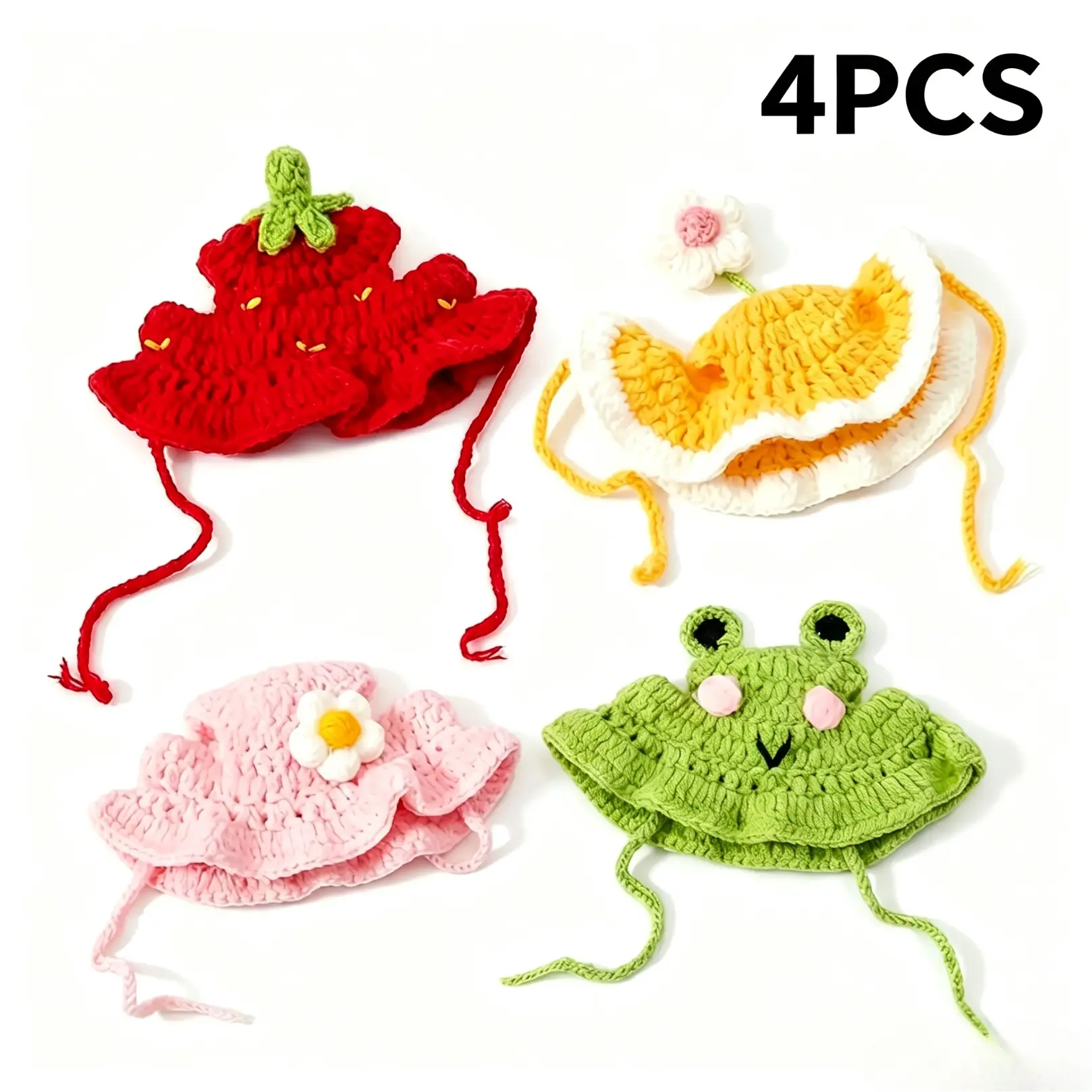 Cute Handmade Knitted Cartoon Pet Hats, Soft Skin-Friendly Polyester With Adjustable Strap, All Season Wear For Small Cats And Puppies, Great For Halloween Parties And Pet Photography