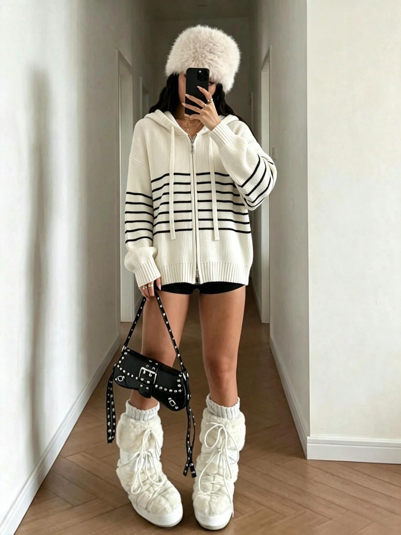 Autumn Winter Color-Block Striped Preppy Style Hooded Casual Loose Sweater Cardigan, Reversible Zipper Design, Women's Fashion Outerwear