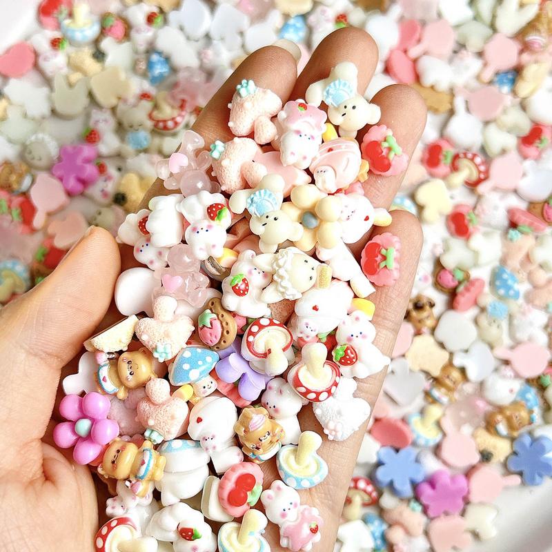 100PCS Cartoon Kawaii Resin Nail Charms 3D Creative Colorful Rabbit Bear Candy Mushroom Mixed Decorations DIY Hairpin Phone Cases Manicure Supplies