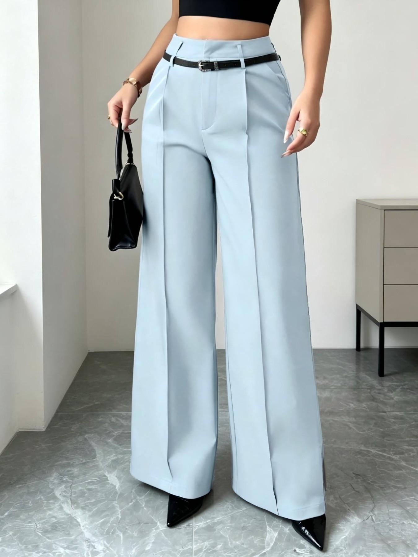 New Women's High-Waisted Wide-Leg Suit Pants, Button Pleated Design with Belt, Casual Elegant Comfortable Style for Daily Commute