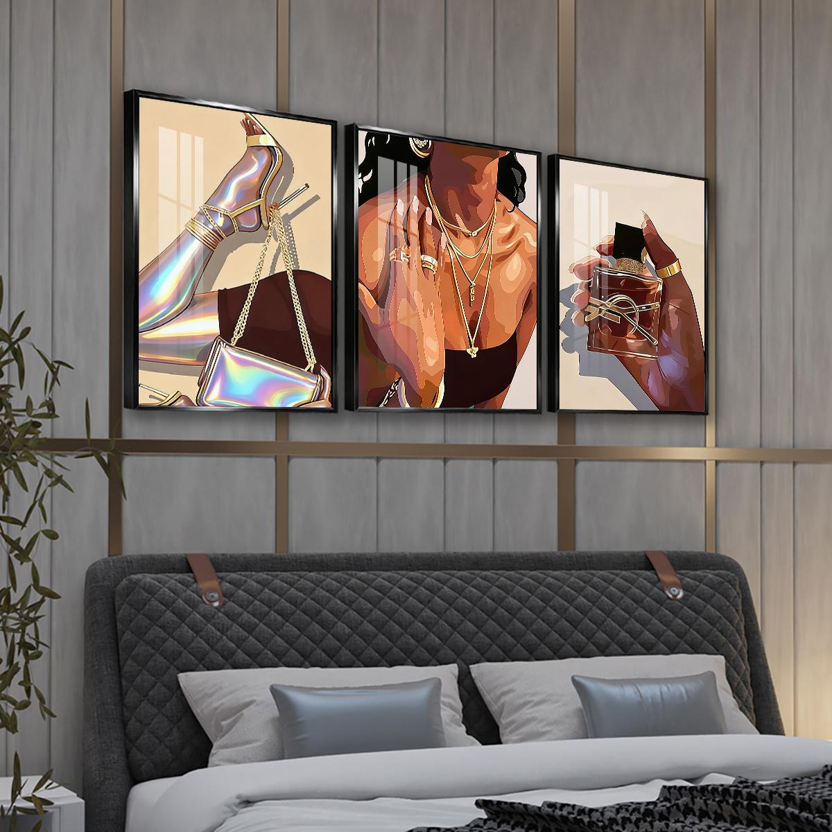 3 Counts Aluminum Alloy Framed Painting, Fashion Woman With Gold Jewelry And Perfume Art Pictures, Home Decoration For Living Room, Bedroom, Office, Restaurant, Hallway Wall Decor, Odorless Print Artwork, Luxury Perfect Gift For Friends And Family