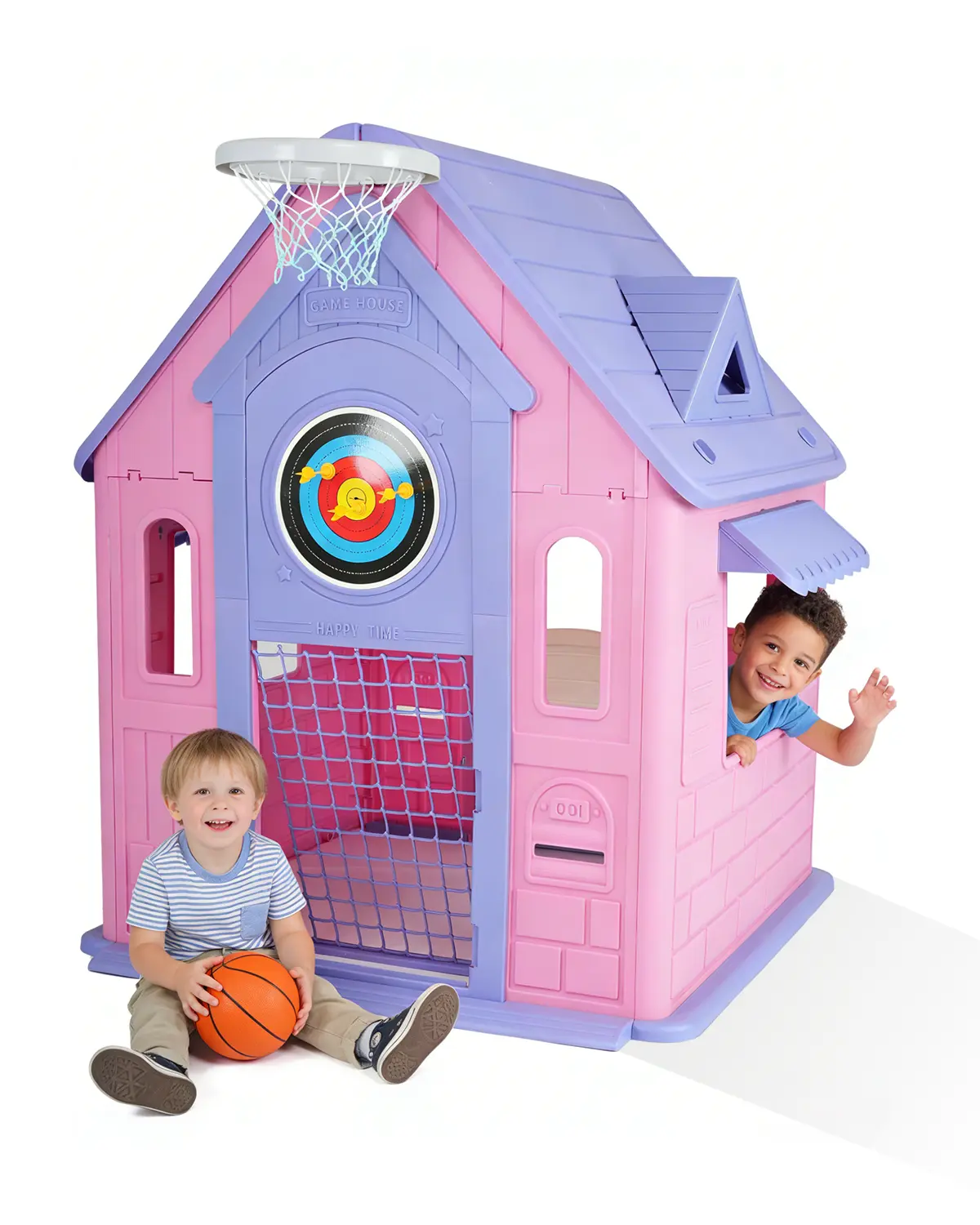 Multi-Activity Kids Playhouse for Toddlers Ages 2-8, Indoor Outdoor Plastic Playhouse Cottage with Basketball Hoop, Soccer Goal, Dartboard, Mailbox, Door and Windows, Easy-Assembly Backyard Pretend Play Toy, Pink and Purple