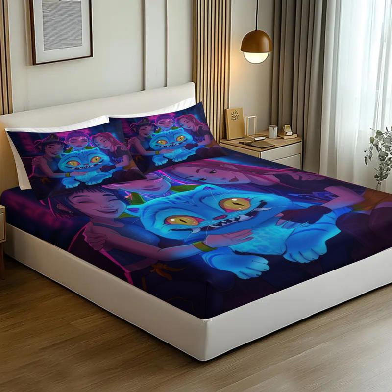 K Pop Demon Hunters Soft Breathable Fitted Sheet Set, bed sheets set, 3 Counts/set including 1 Fitted Sheet & 2 Pillowcases, Cute Idol Themed Decor for Bedrooms and Gifts