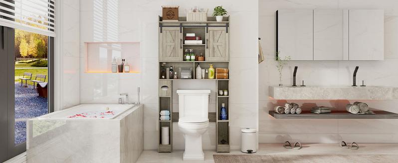Vabches Farmhouse Storage Cabinet Over Toilet with Sliding Doors,Over The Toilet Storage Cabinet, Home Space-Saving Toilet Rack, for Bathroom, Restroom, Laundry Vabches Farmhouse Storage Cabinet Over Toilet with Sliding Doors,Over The Toilet Storage Cabinet, Home Space-Saving Toilet Rack, for Bathroom, Restroom, Laundry