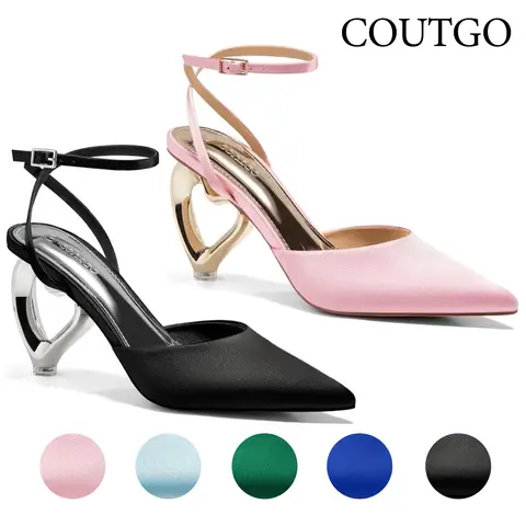 Coutgo Womens Kitten Heels Closed Pointed Toe Heart Heel Ankle Strap Satin Pumps Wedding Prom Dress Valentine Shoes tiktokshopbacktoschool