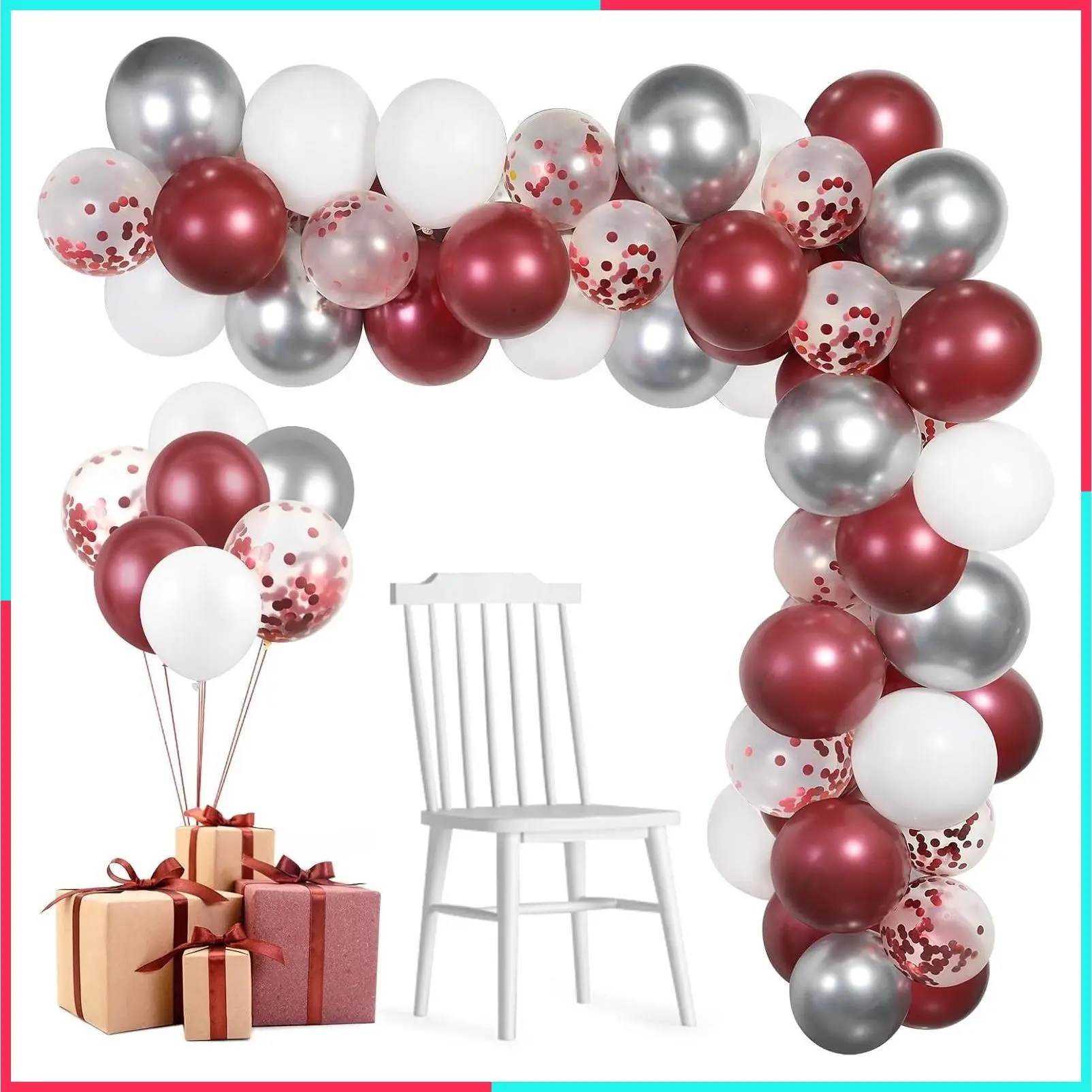 60 Pack Burgundy Red White Silver Maroon Balloons Garland Arch Kit, 12 Inches Latex Confetti Balloons for Birthday Wedding Bride Bachelorette Retirement Party Decorations Supplies