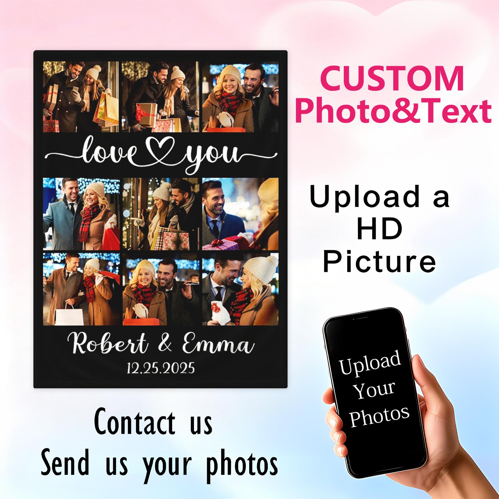 Personalized Photo Blanket - Customized Flannel Fabric Throw with Name, Date Design, Smooth Texture, Soft, Cozy, Warm, Breathable, Wrinkle-Resistant, Multi-Size, Valentine's Day Romantic Love Gift for Partner, Home Decor, Personalized Photo Blankets