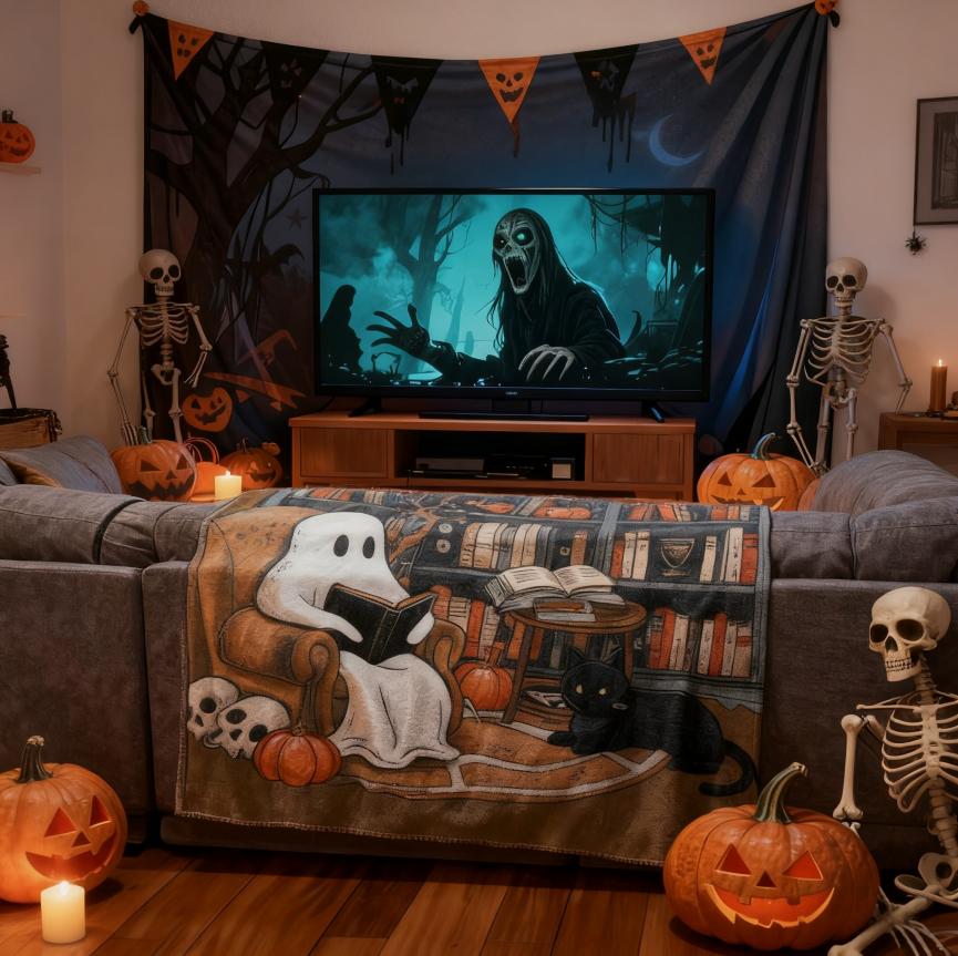 Clearance Sale Halloween Cute Ghost Throw Blanket with Bookshef Design Soft Cozy Blanket for Fall Reading Nook Autumn Winter Decor for Couch Sofa Bedroom Office Home Spooky Blanket Boo Basket Gift for Women Men Wife Book Lovers Outdoor Halloween Decor