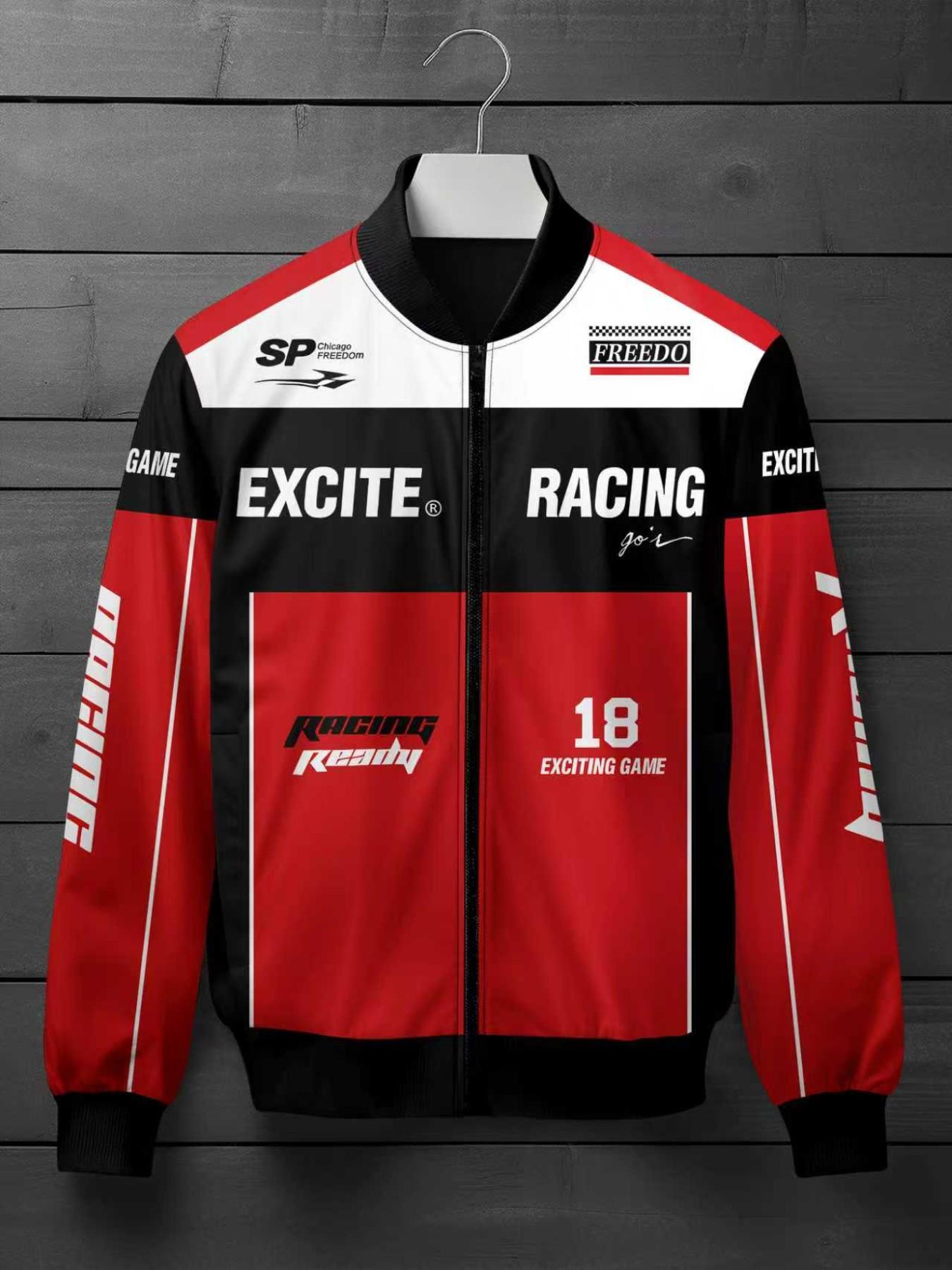 Men's Casual Racing Jacket, Fitted, Soft Shell Material, Speed Racing Pattern, Zipper Closure, Perfect Choice for Spring & Fall