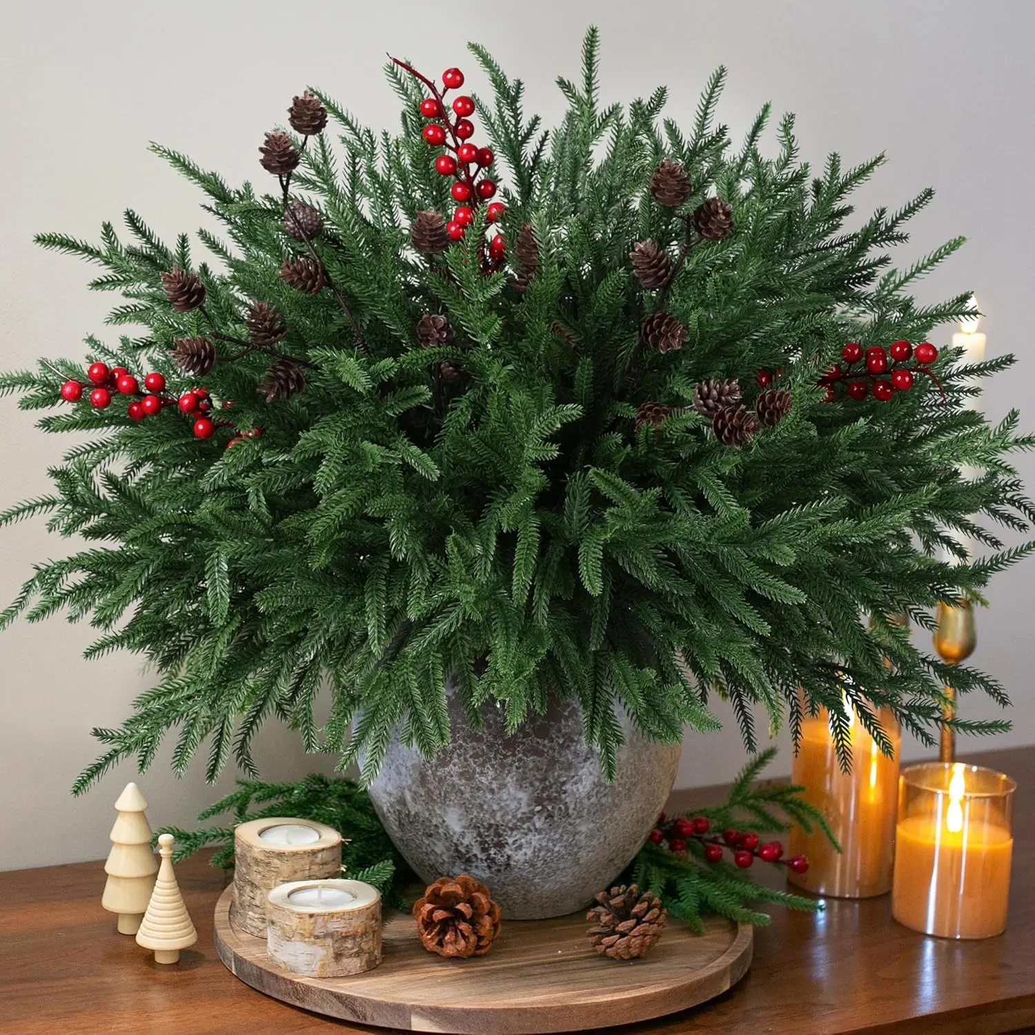 Artificial Christmas Norfolk Pine Stems Branches for Vases,17 Bundles Faux Pine Branches with Pinecones and Red Berries Branches,Fake Greenery Evergreen Real Touch for Holiday Winter Table Xmas Décor
