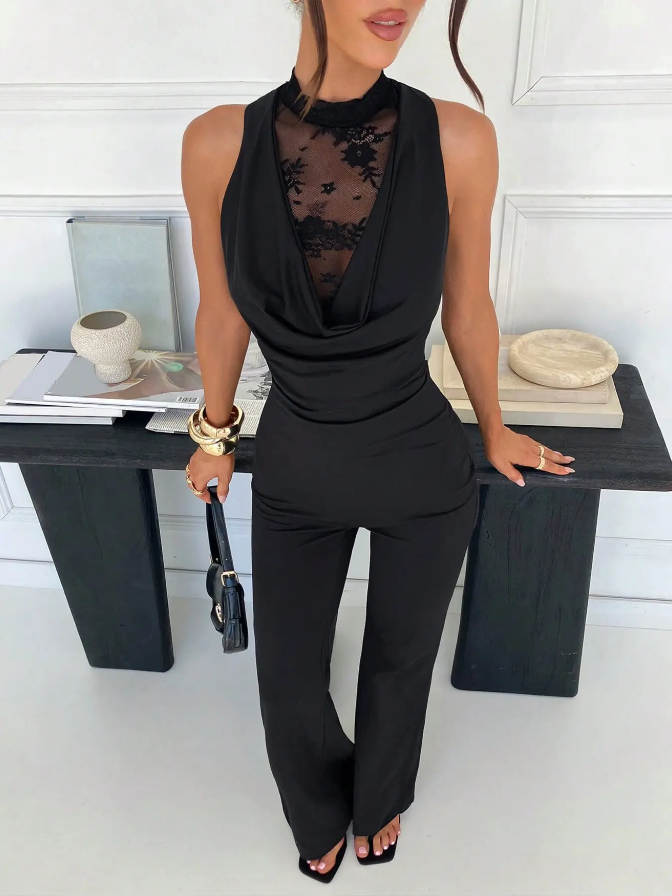 Women's Summer New Fashion Satin Halter Jumpsuit, Elegant Lace High Neck, Formal Evening Party Wedding Guest Dress, All Seasons