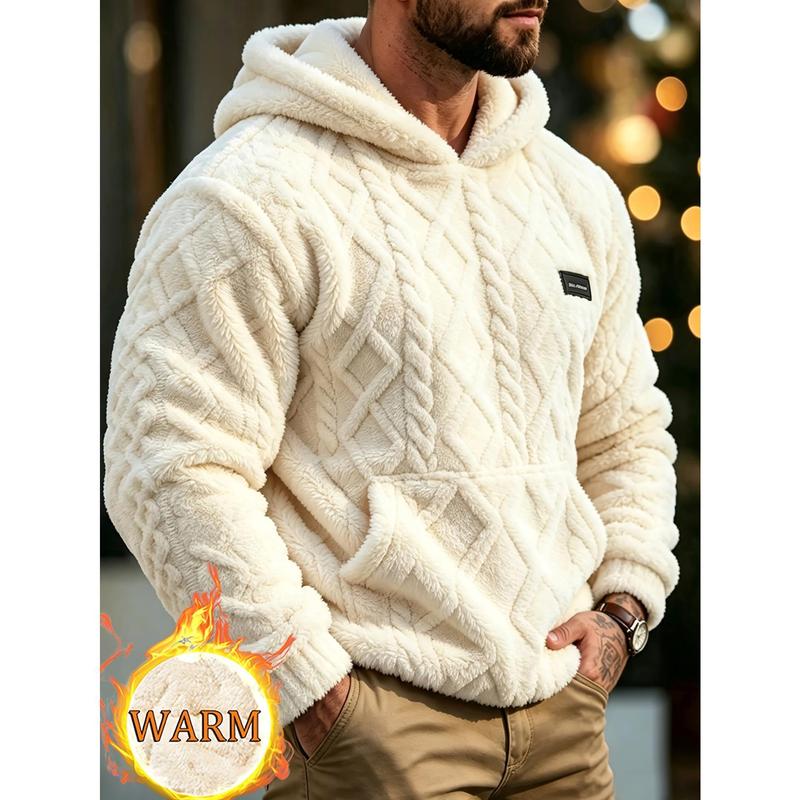 Men's Plush Jacquard Double‑Sided Fleece Hooded Sweatshirt, Super Soft Warm Winter Pullover Hoodie, Relaxed Fit for Outdoor Leisure, Dating, Daily Loungewear, Best Gift for Men Family & Friends