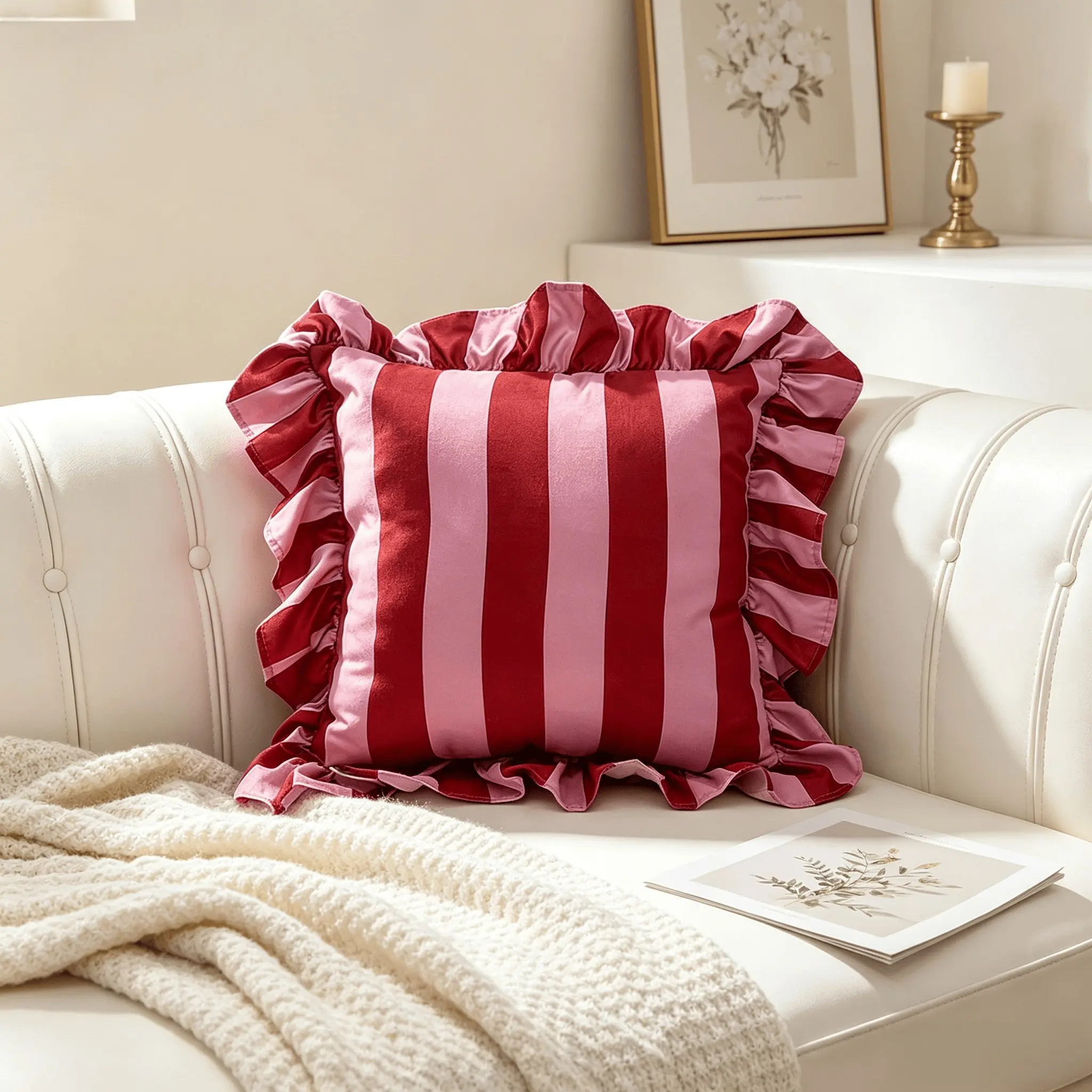 Single decorative throw pillow sized 45×45cm in French vintage pink stripe design, adorned with delicate ruffle trim. Ideal home decoration for sofas and beds, available in assorted colors.