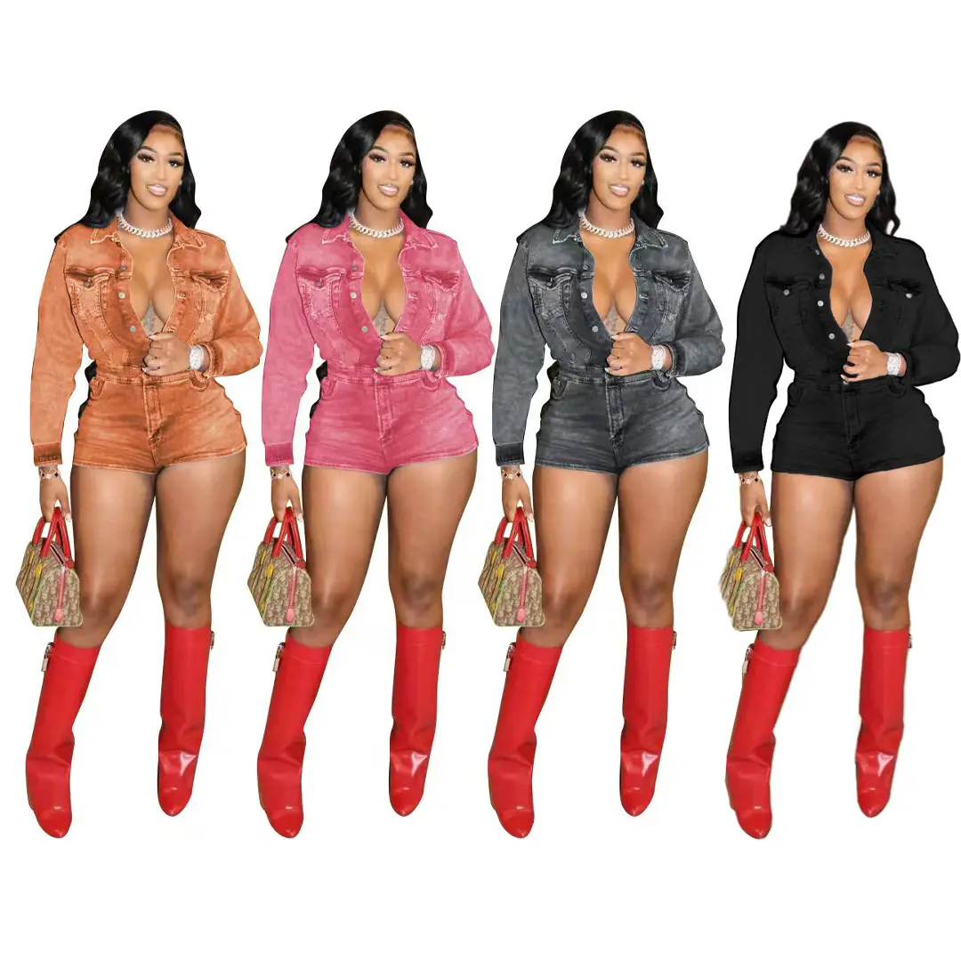 Women’s New Denim Long Sleeve Stretch Romper Shorts, Slim Fit Elastic Jumpsuit Shorts, Casual Fashion Bodycon Playsuit, Crew Neck Long Sleeve One Piece Outfit For Daily Streetwear Club Party