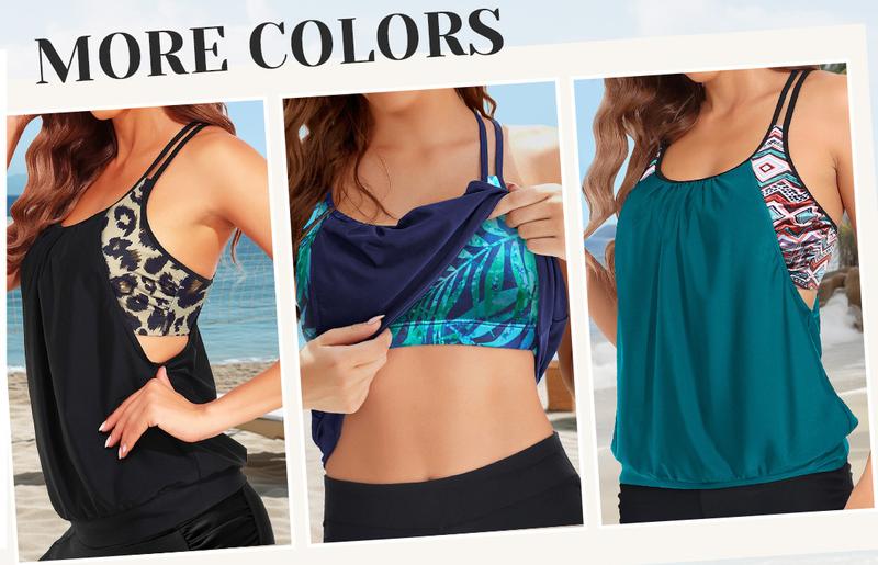 Holipick Tankini Top for Women Blouson Tummy Control Swim Top Loose Fit Bathing Suit Top Only No Bottom