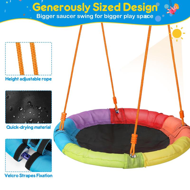 Aowos Swing Set for Kids, Saucer Swing with Heavy-Duty Metal Frame and Adjustable Ropes for Kids Outdoor, Safe Waterproof Round Swing for Backyard Playground Park, Playground for Kids, Rainbow Color, Birthday Gift, Columpio para niños, Christmas Gift