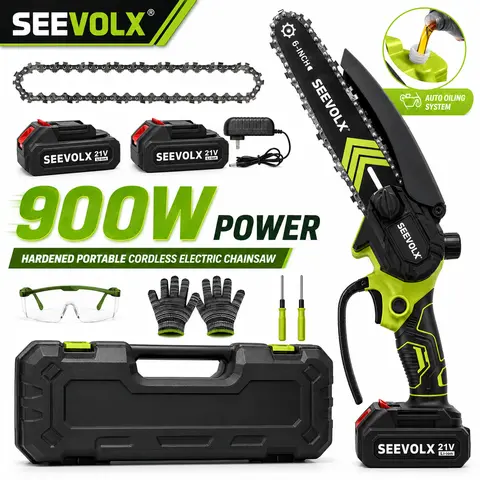 SEEVOLX 6-Inch Cordless Metal Portable Chainsaw, 21V Battery-Powered Handheld Pruning Saw with Auto Oiling System, High-Output 1500mAh Replacement Battery (2 Total), Lightweight 1-Hand Tool for Versatile Use Tree Trimming & Branch Cutting