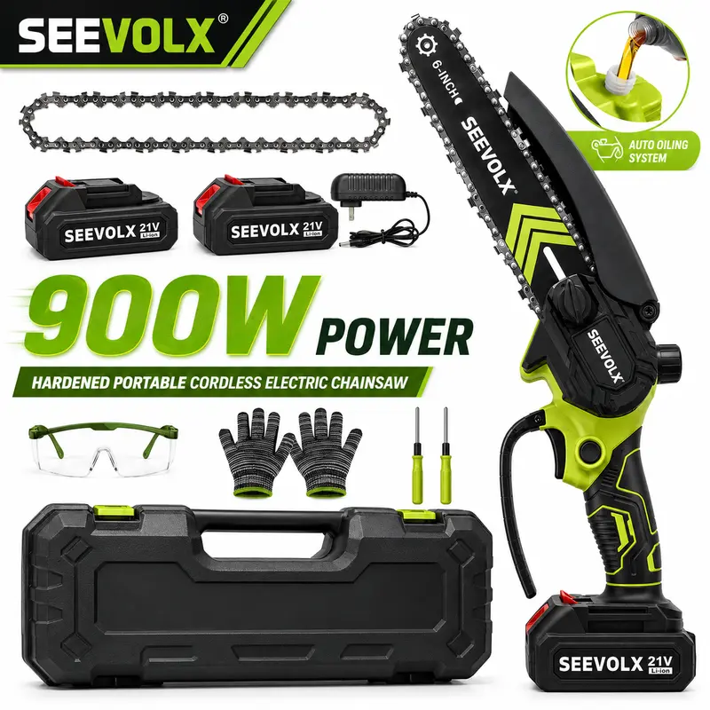 SEEVOLX 6-Inch Cordless Metal Portable Chainsaw, 21V Battery-Powered Handheld Pruning Saw with Auto Oiling System, High-Output 1500mAh Replacement Battery (2 Total), Lightweight 1-Hand Tool for Versatile Use Tree Trimming & Branch Cutting