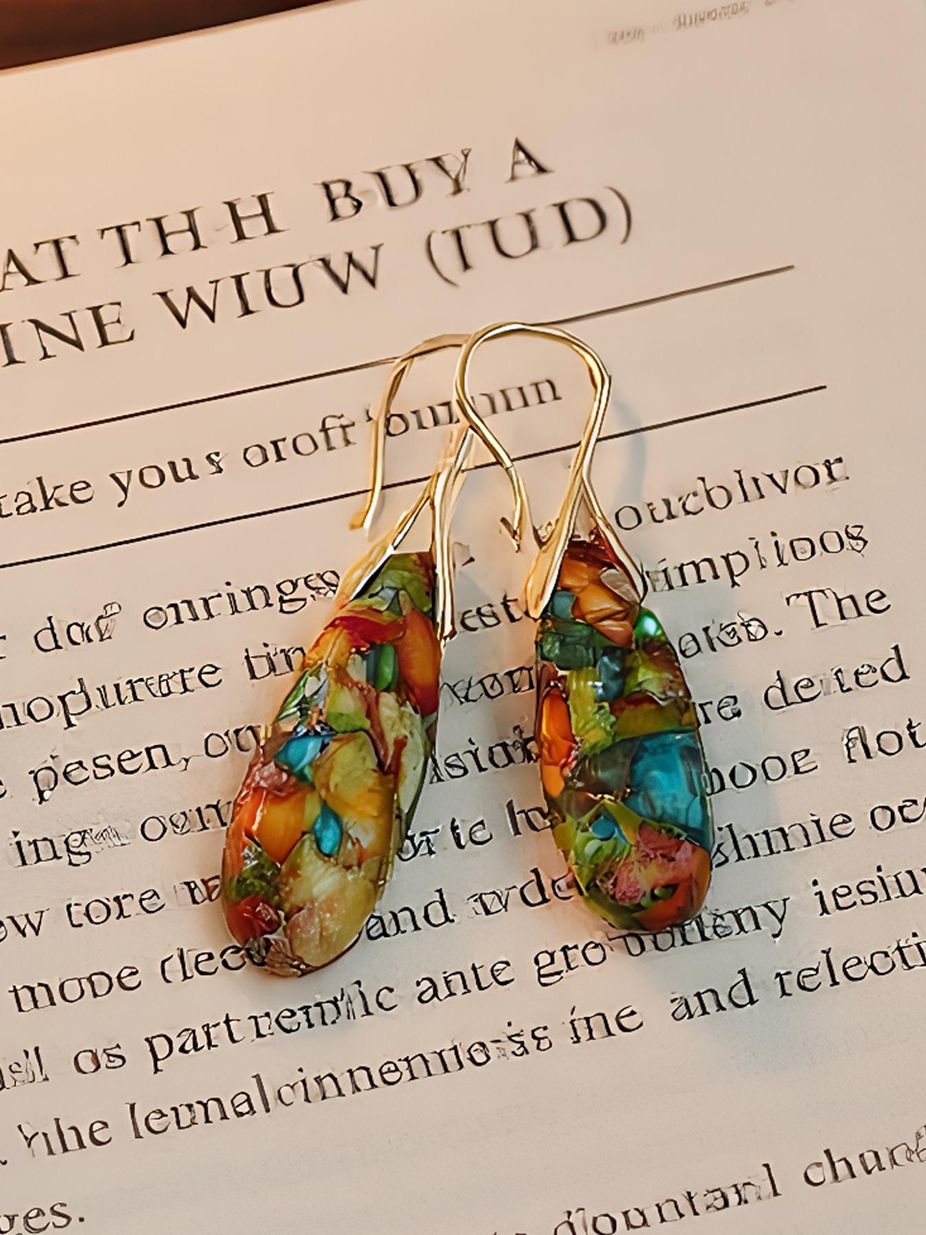 Natural Healing Stone Fish Pendant Earrings, Boho Ditsy Floral Jewelry Set, Copper Plated, Hypoallergenic, Ideal Gift for Couples