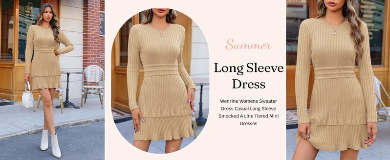 Wenrine Women's Long Sleeve Sweater Dress Casual Ribbed Knit Crewneck A Line Slim Fit Tiered Fall Mini Dresses for Everyday Wear