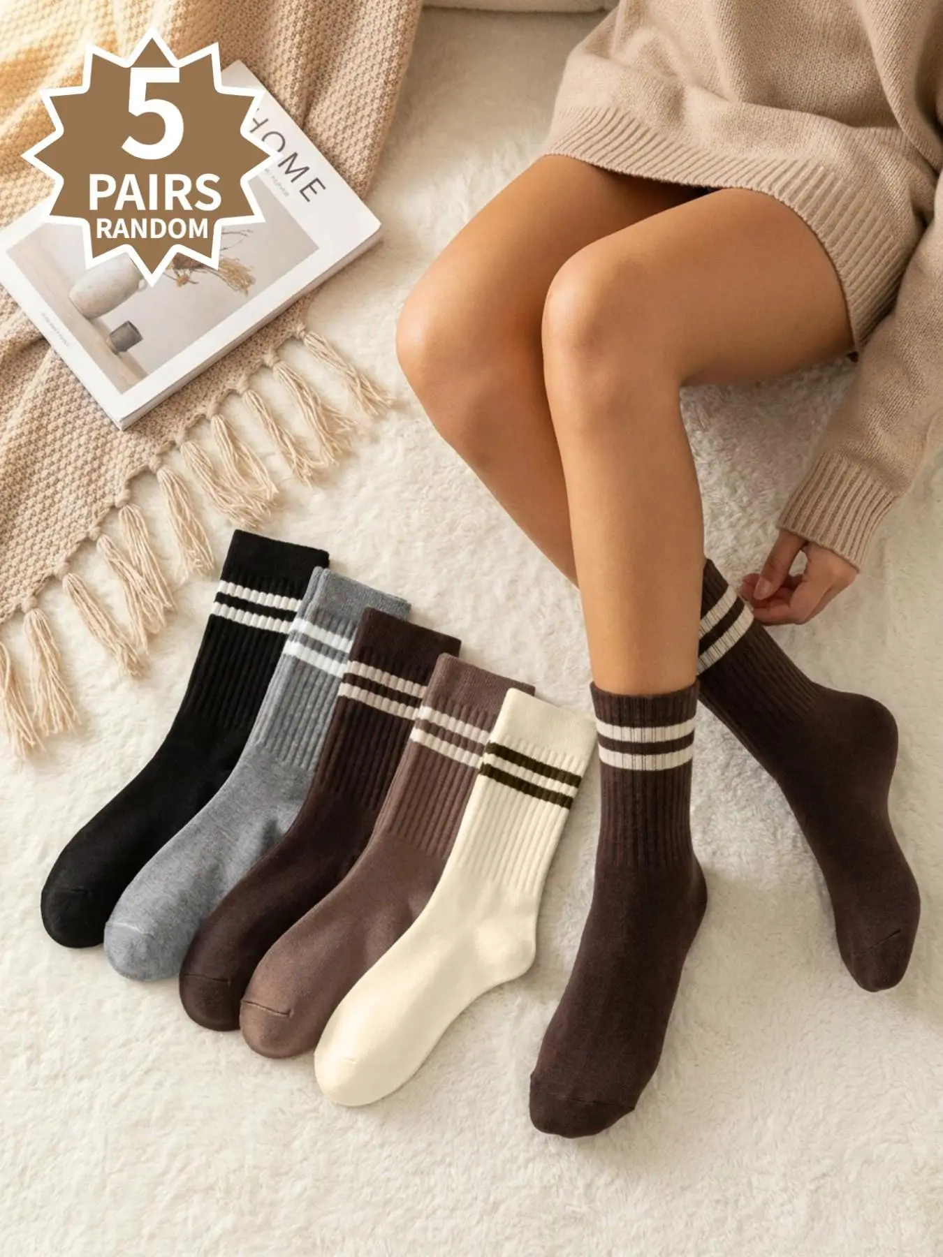 5-Pair Random Selection of College-Style Double-Bar Stripe Women's Mid-Calf Socks: Retro Korean-Style, Minimalist, Knitted, Breathable, Multi-Color, Versatile—Perfect for Girls, Students, Fall/Winter, Campus, Sports, and Casual Wear