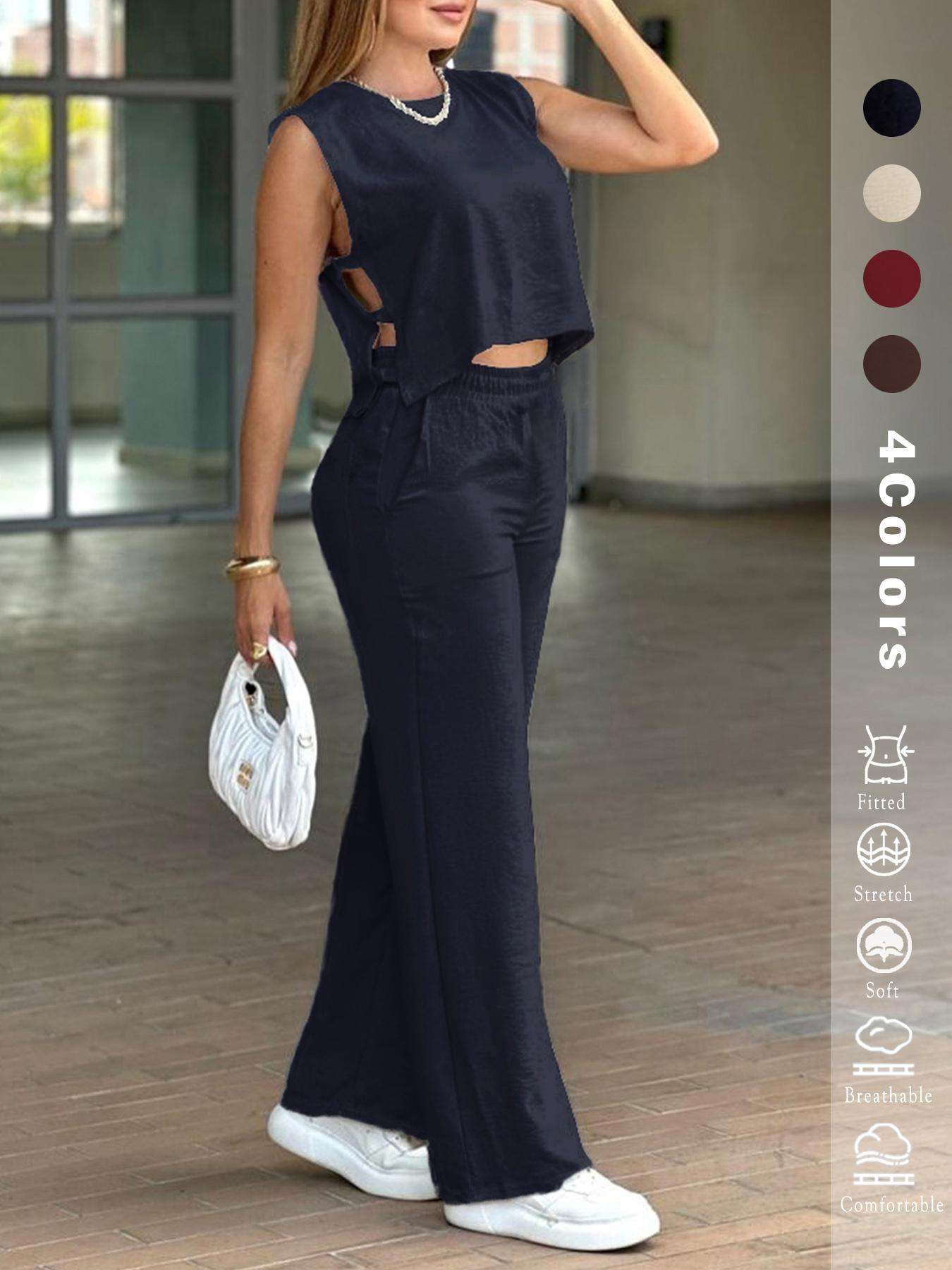 2025 Women's 2PCS Set - Sleeveless Side Cutout Crop Top & Wide-Leg Pants | Loose Fit, Elastic Waist w/Pockets | OOTD for Spring/Summer/Autumn | Office, Commute & Daily | All Body Types | #Fashion2025 #WorkWardrobe #LoungeElegance