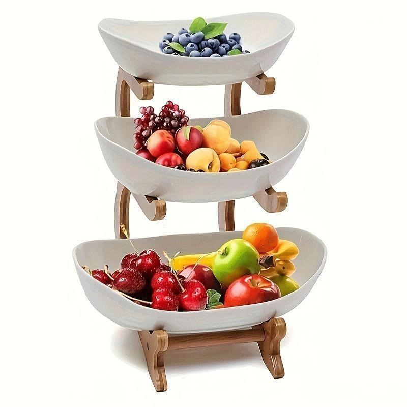 3-Tier Oval Fruit Basket with Bamboo Stand, Durable Polypropylene Kitchen Storage Rack, Natural Bamboo Finish, Modern Fruit Basket for Kitchen and Party